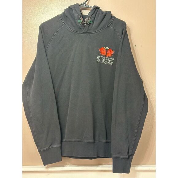 Scotch & Soda Black Graphic Red Flower Embroidered Hoodie Sweatshirt Men's Large - Picture 2 of 14